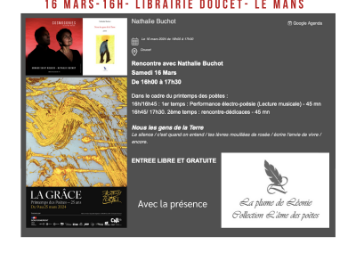 Printemps des poètes. 16 mars à 16h. Librairie Doucet. Le Mans
